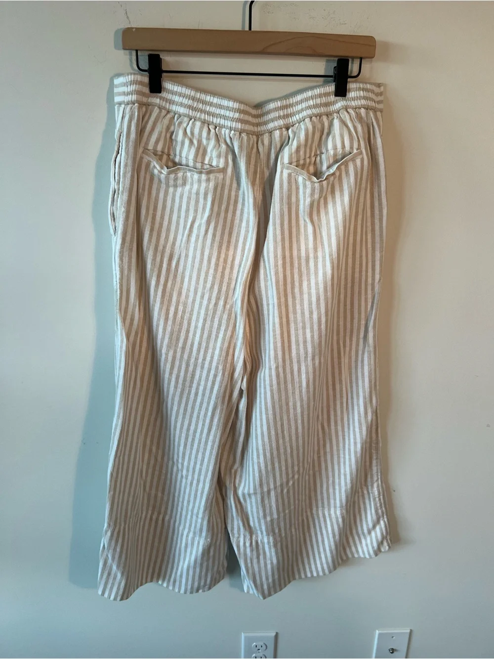 Banana Republic Striped Wide-Leg Linen Elasticized Pants Khaki White Cropped